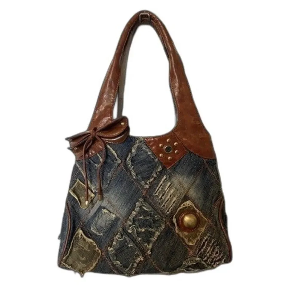 Vintage Denim Artist Handbag Tote Patchwork Boho Cowgirl Urban Purse